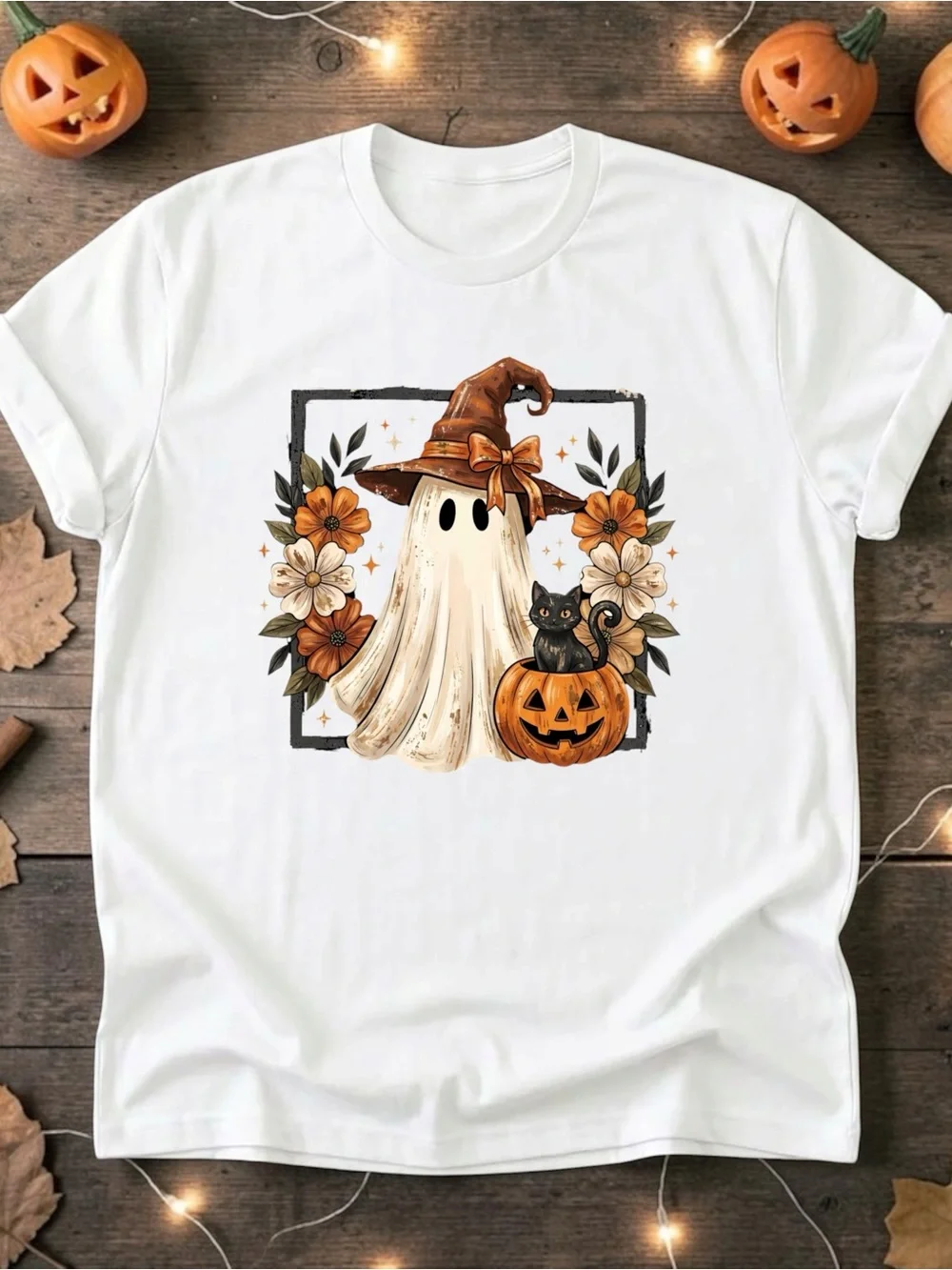 Halloween Ghost Graphic Tee NEW S M L XL fun ghost with pumpkin and flowers sand